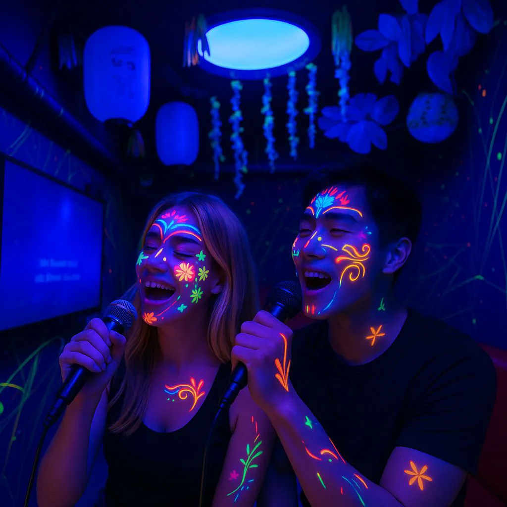 Gruppe singt Karaoke in privater Raumatmosphäre