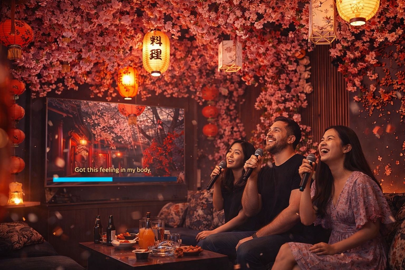 Sakura Raum mit Kirschblüten-Dekoration und stimmungsvoller Beleuchtung